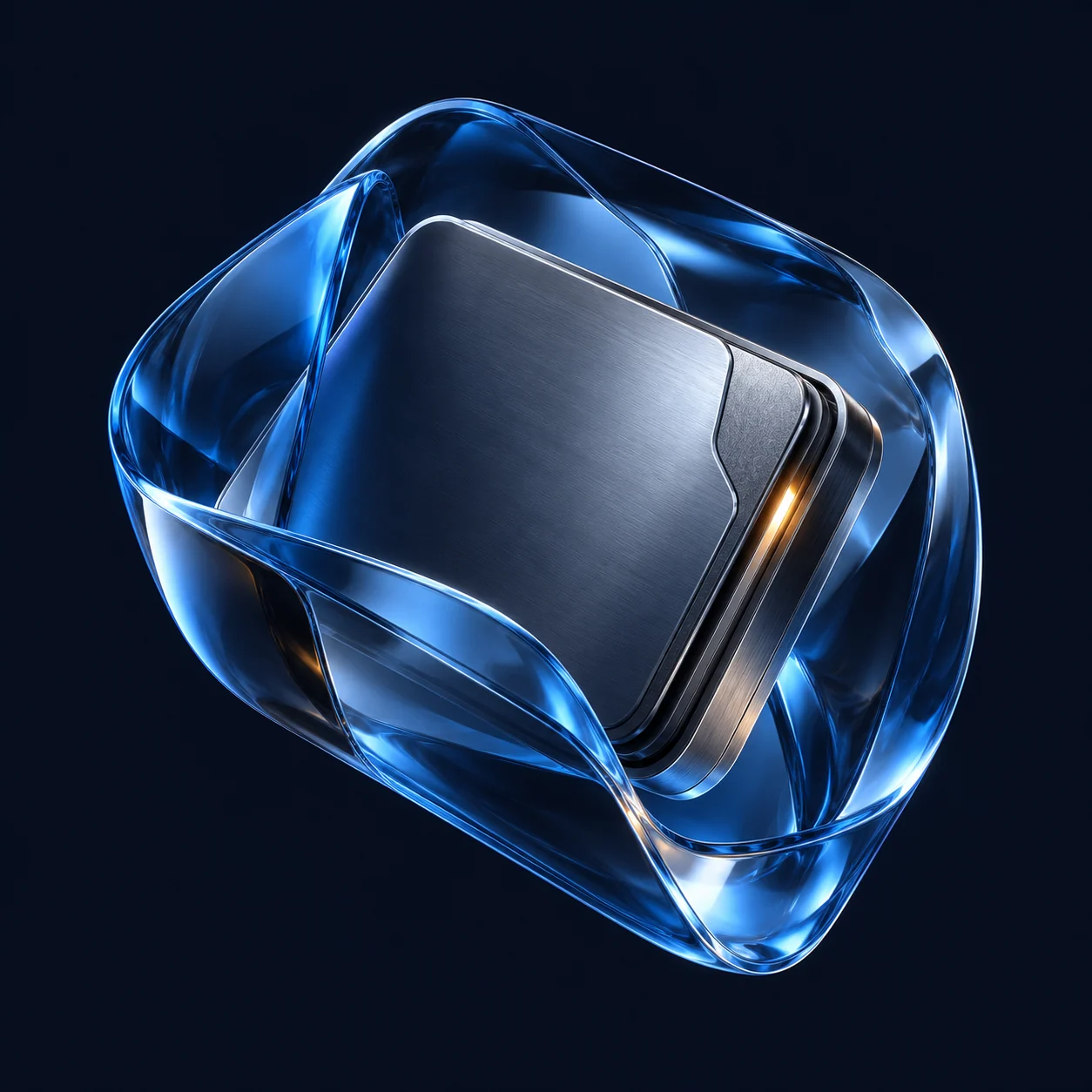 A sculpted titanium wallet enclosed in translucent blue glass, with a small amber detail.